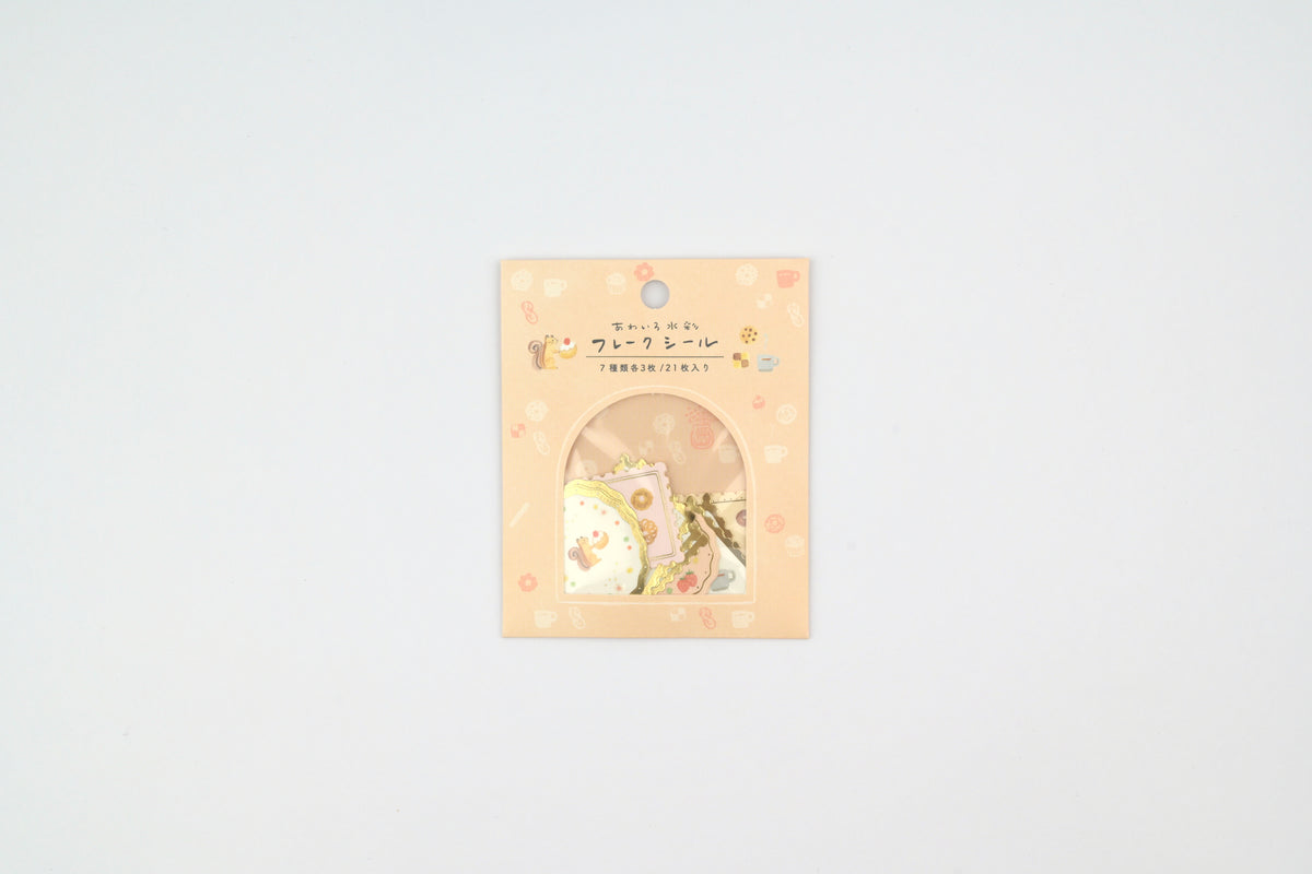 Ryu-Ryu x Honjo Ayako Flake Stickers - Pale Watercolor - Squirrel and Snacks